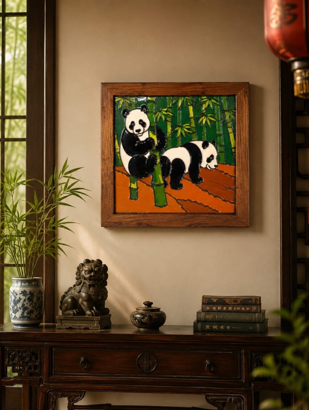 vintage panda bamboo tile wood framed enamel relief wall art asian decor